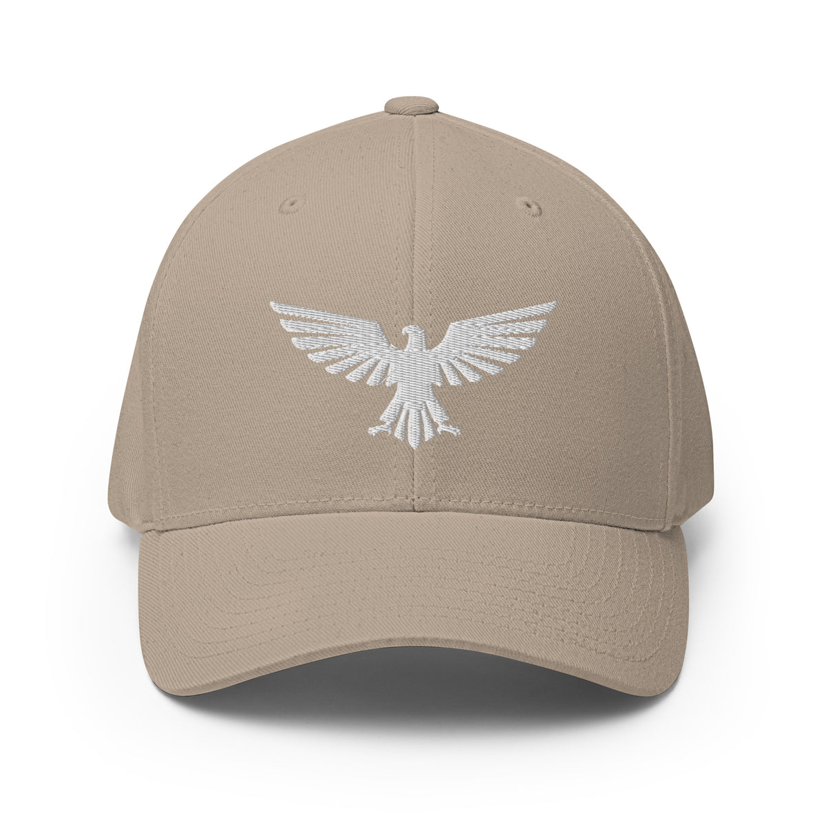 Front view of khaki Bold American Eagle Flexfit hat