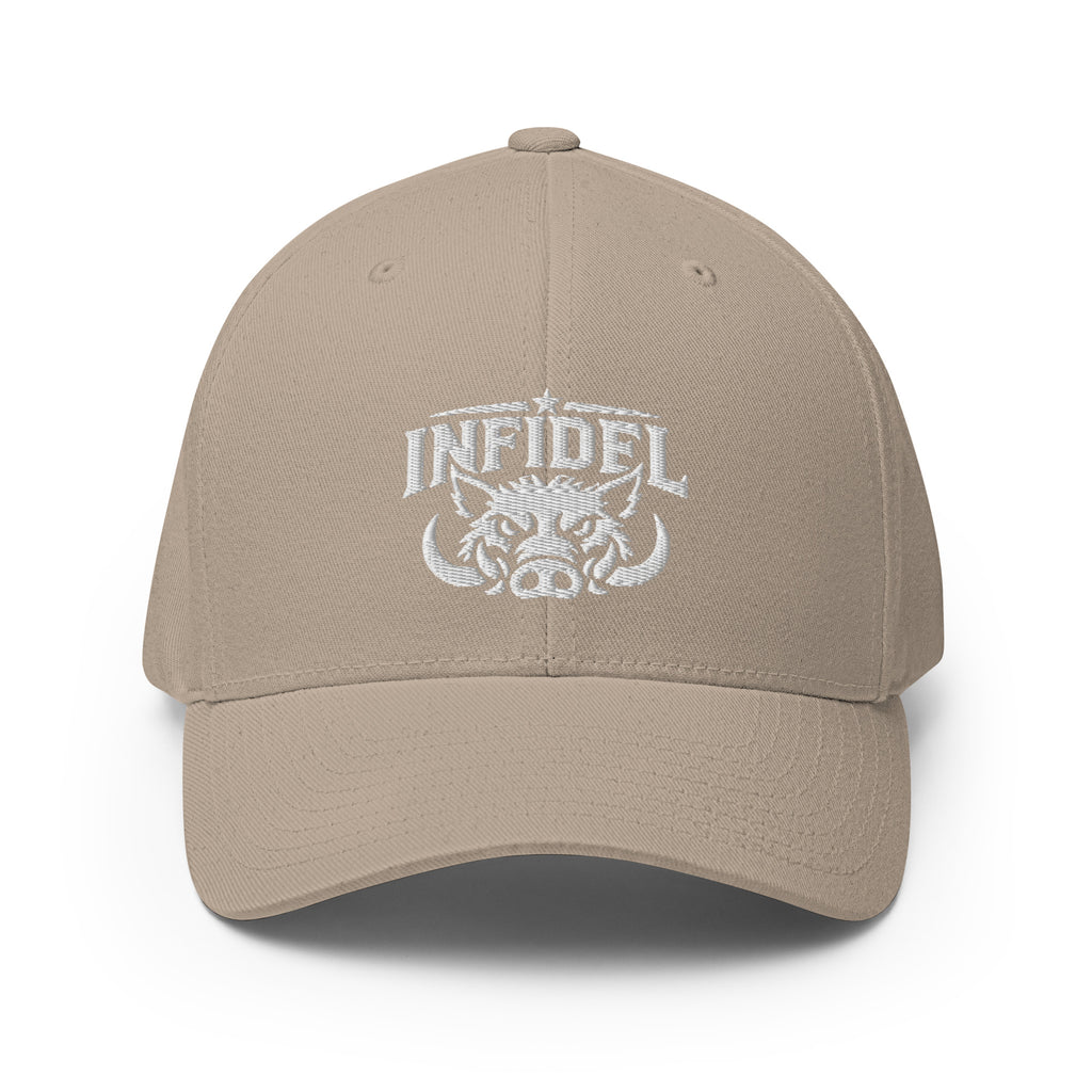 Front view of khaki Infidel War Pig Flexfit hat