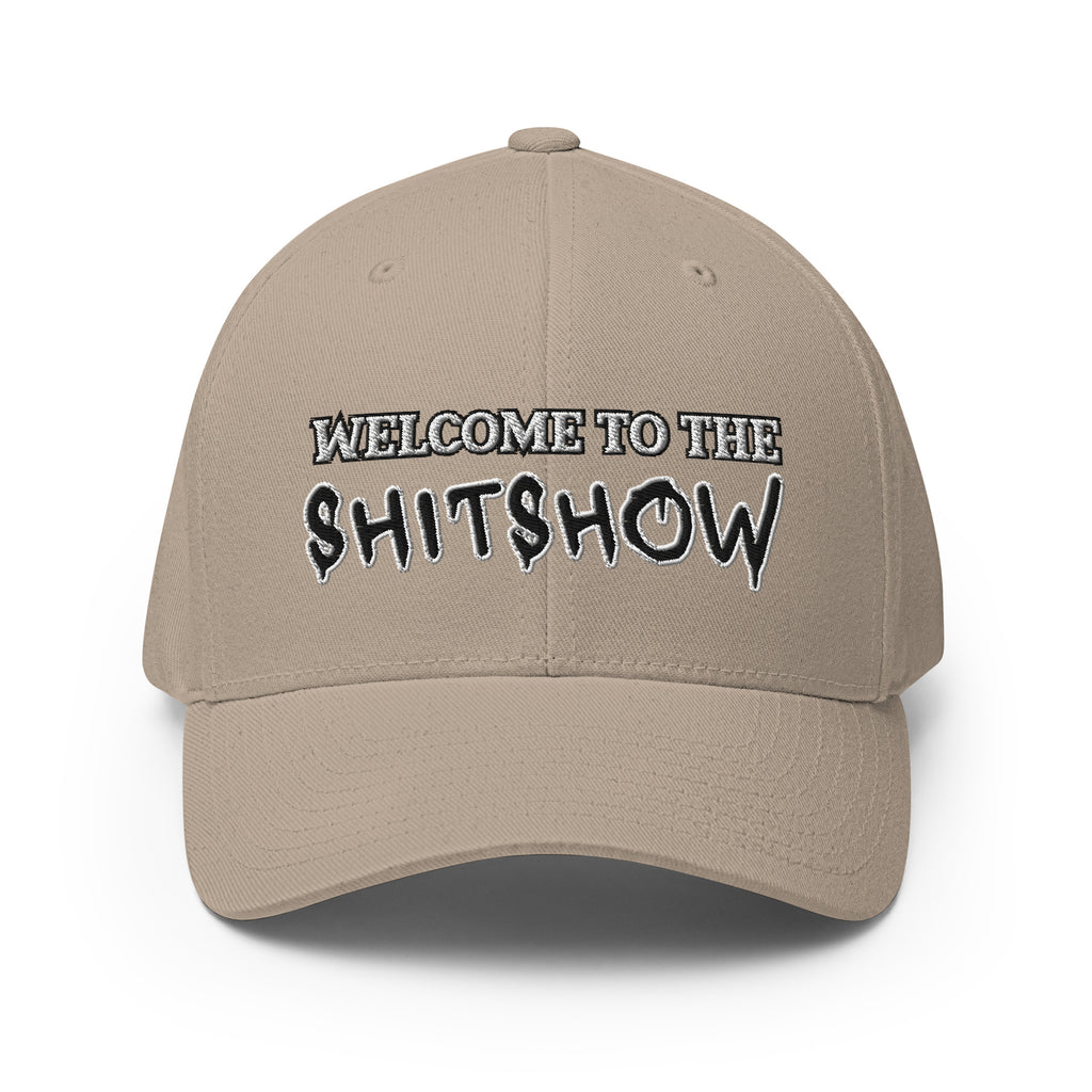 Front view of khaki Welcome to the Shitshow Flexfit hat