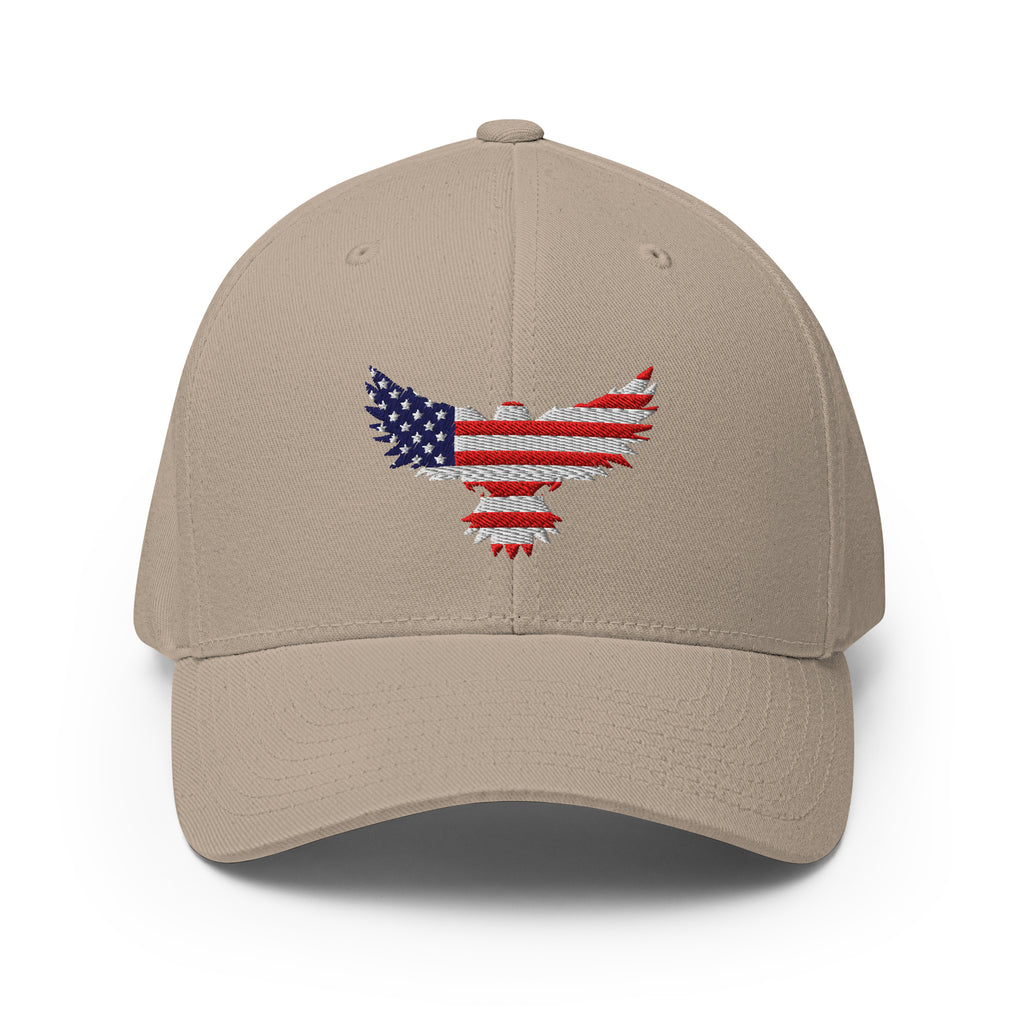 Front view of khaki Old Glory Eagle Flexfit hat