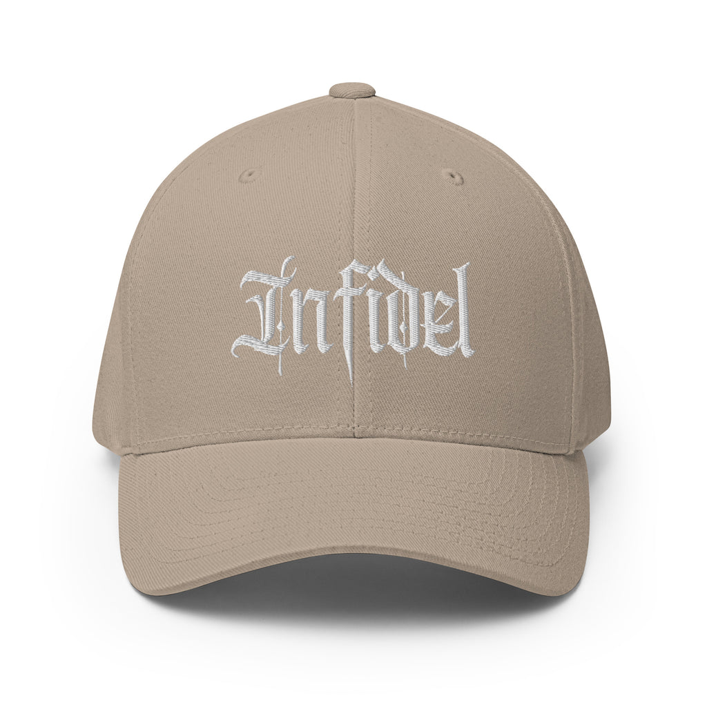 Front view of khaki Infidel Script Flexfit hat