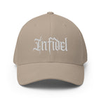 Front view of khaki Infidel Script Flexfit hat