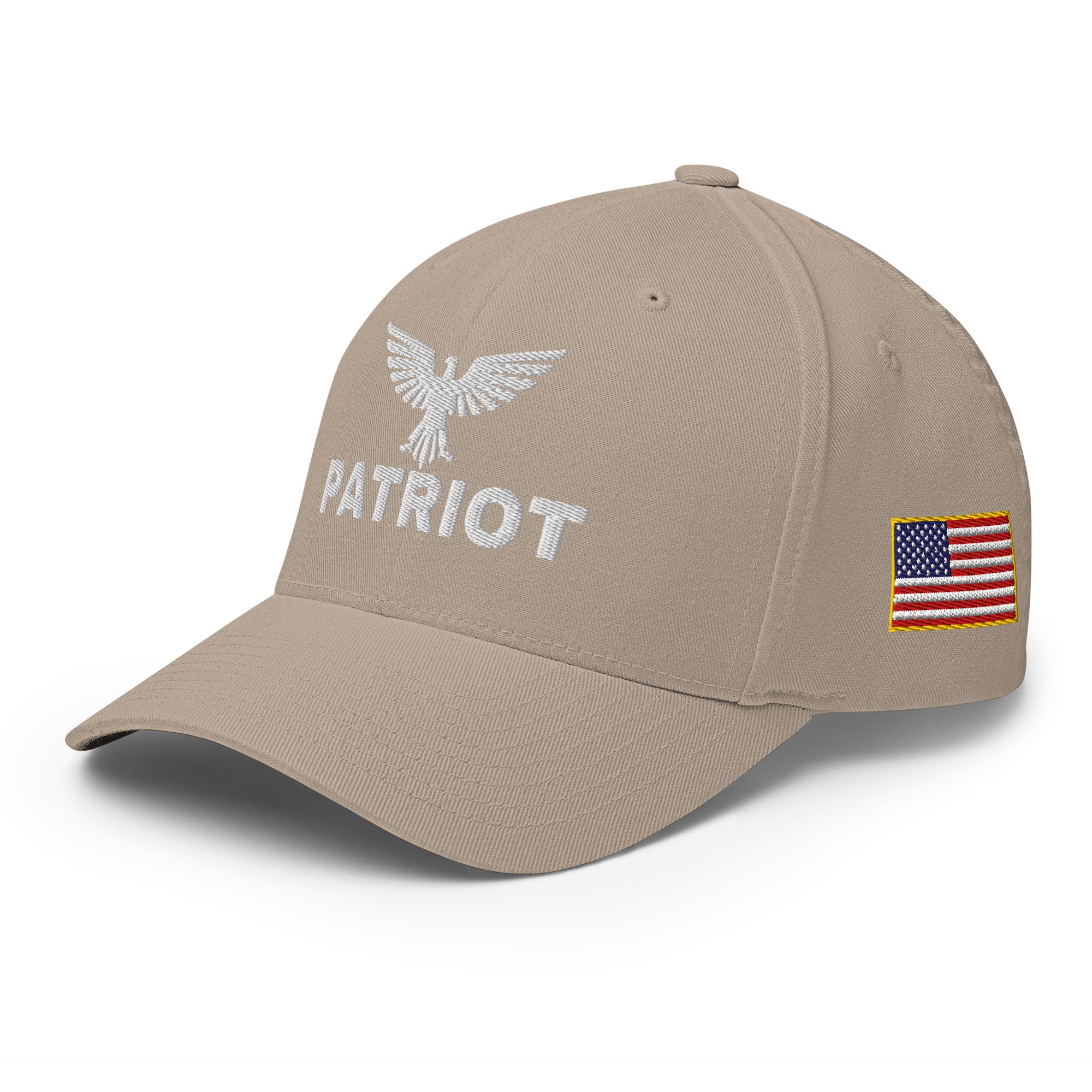 Beige cap with 'Patriot' logo and American flag on a white background