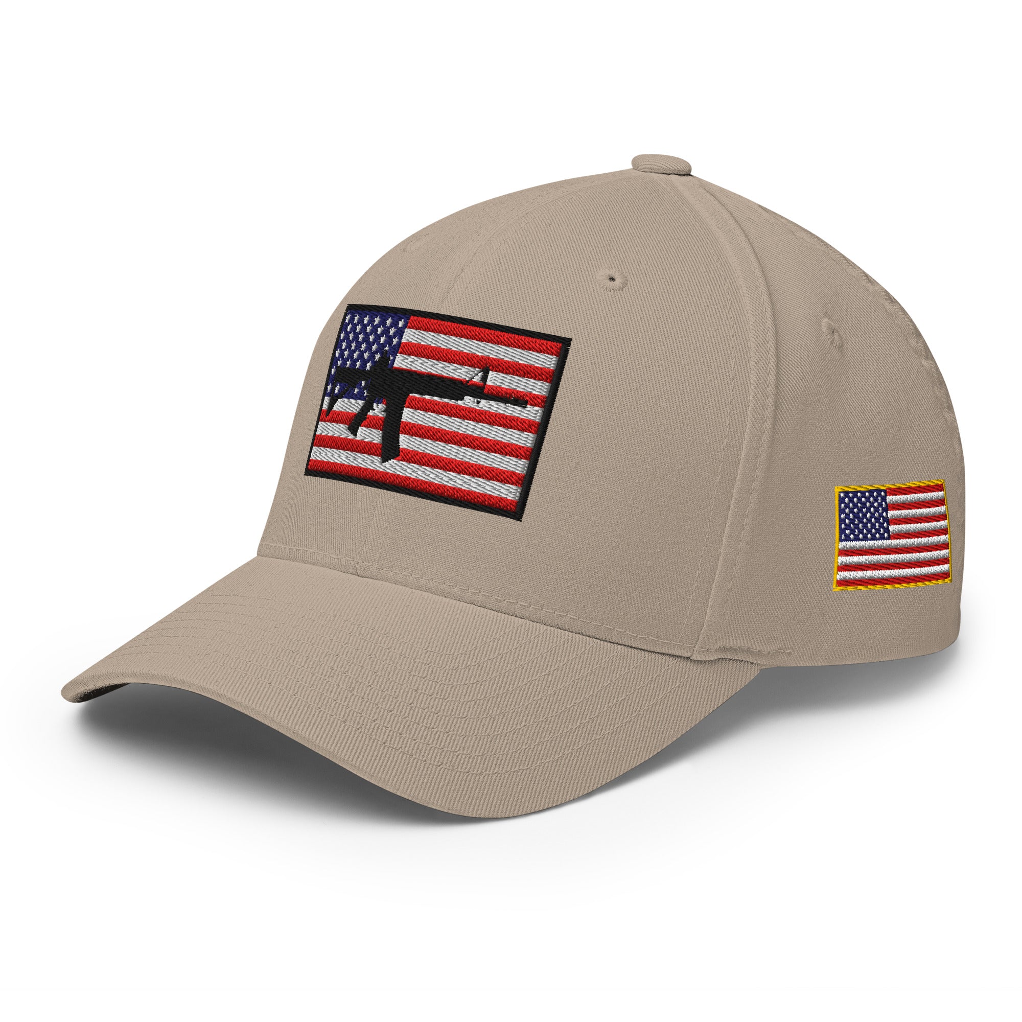 Beige cap with American flag patches on a white background