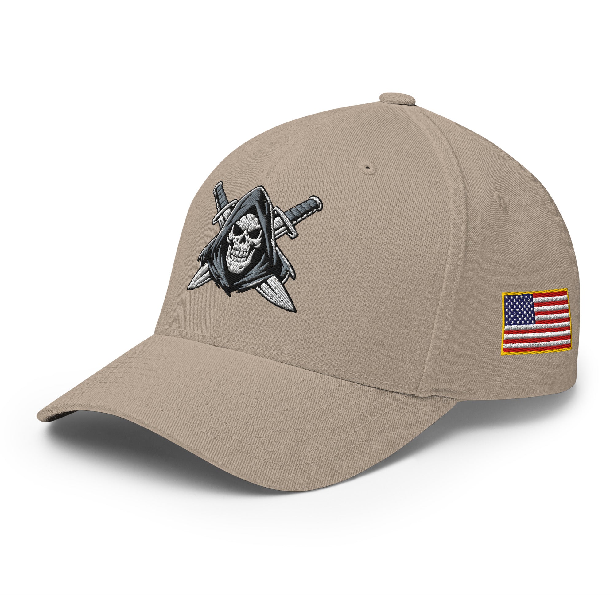 Beige cap with skull and sword emblem and American flag patch on a white background