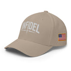 Beige cap with 'infidel' logo on a white background