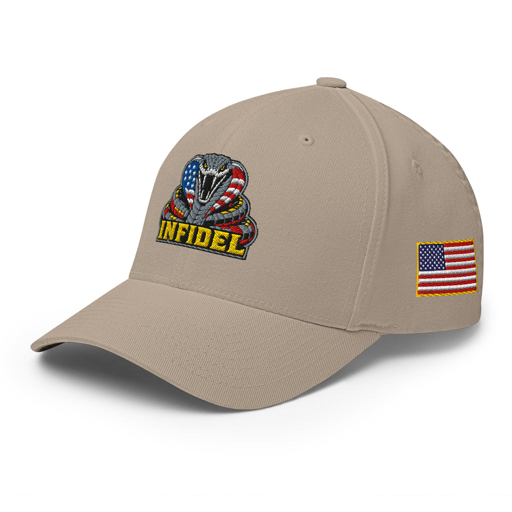 Left-front view of khaki Infidel USA Flag Cobra Flexfit hat