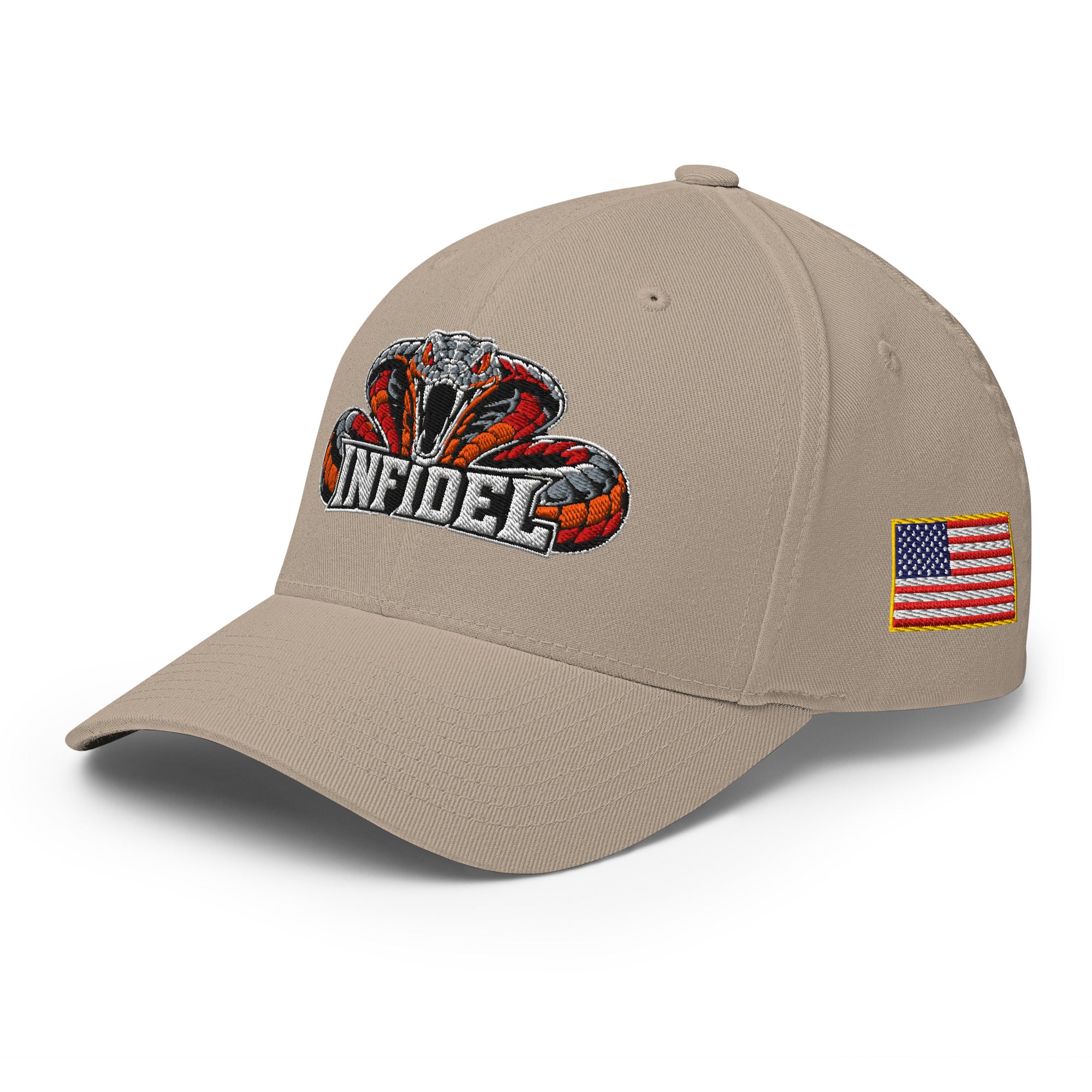 Left-front view of khaki Infidel Cobra King Flexfit hat