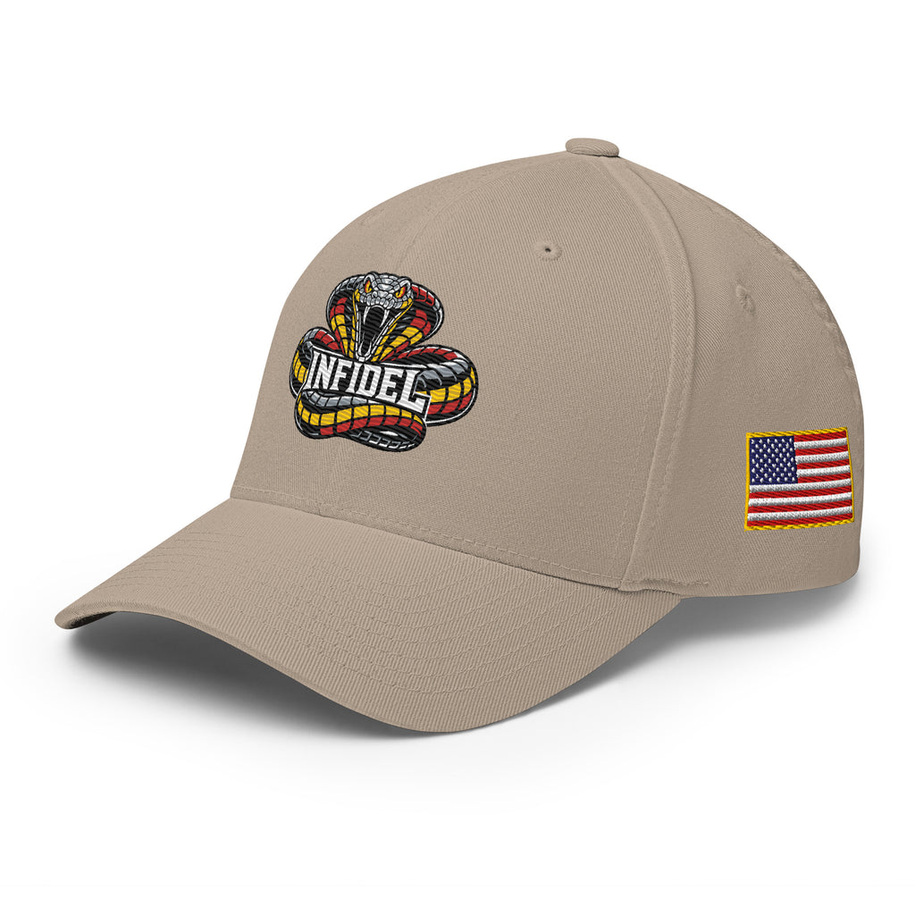 Left-front view of khaki Infidel Coiled Cobra Flexfit hat