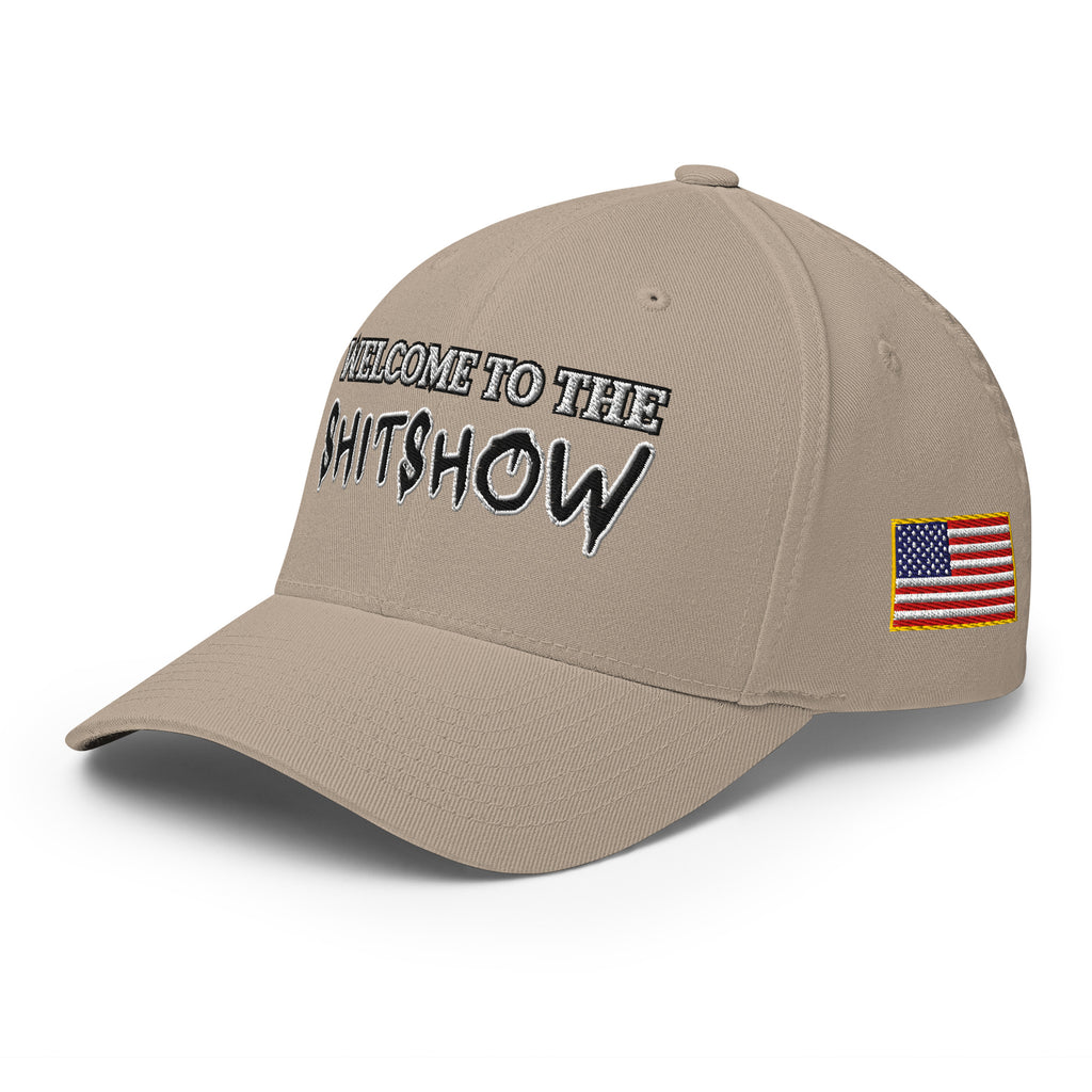 Left-front view of khaki Welcome to the Shitshow Flexfit hat
