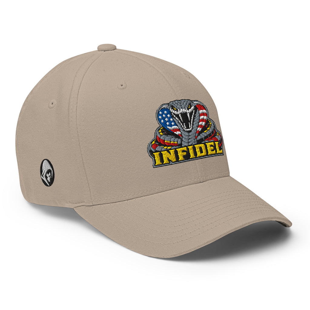 Right-front view of khaki Infidel USA Flag Cobra Flexfit hat