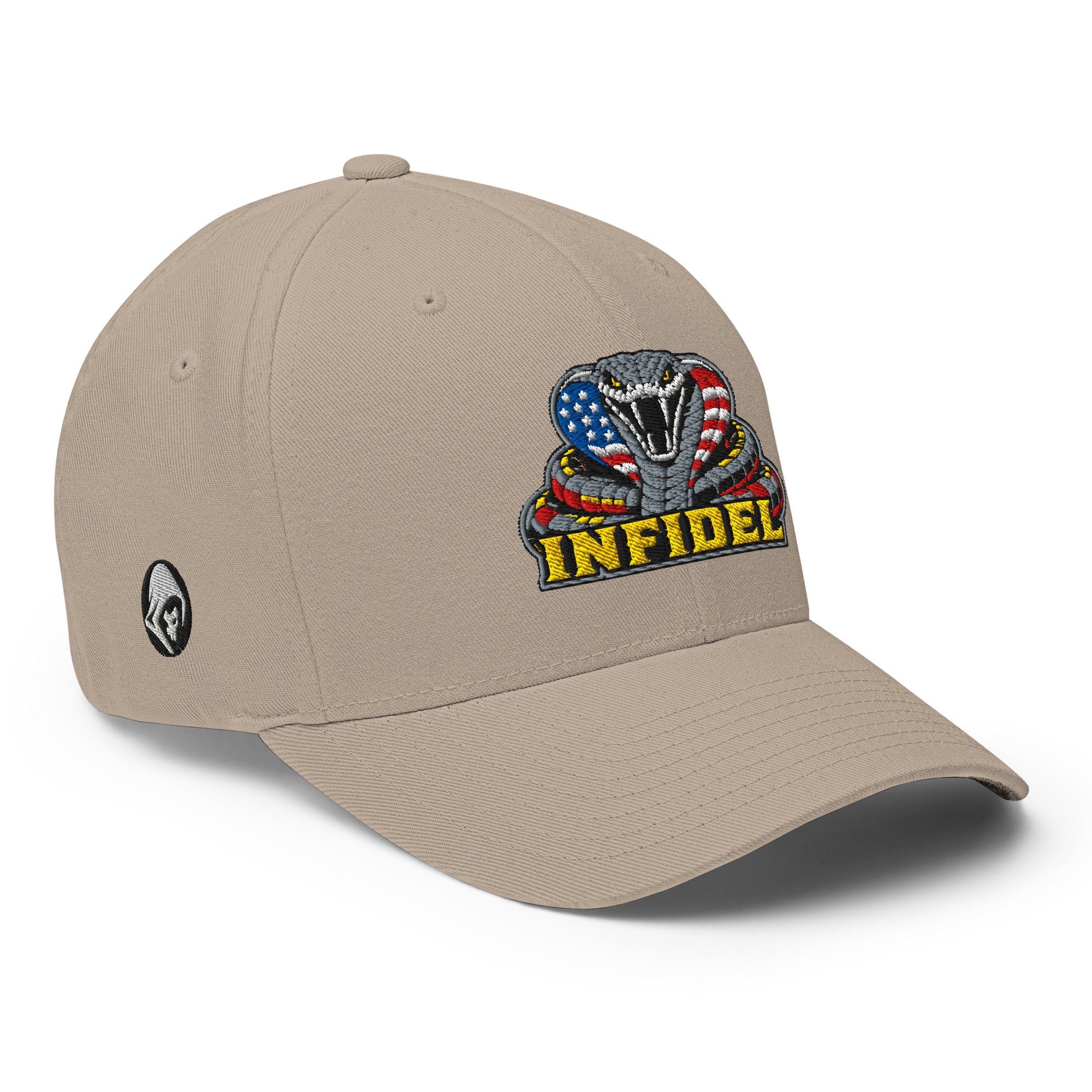 Right-front view of khaki Infidel USA Flag Cobra Flexfit hat