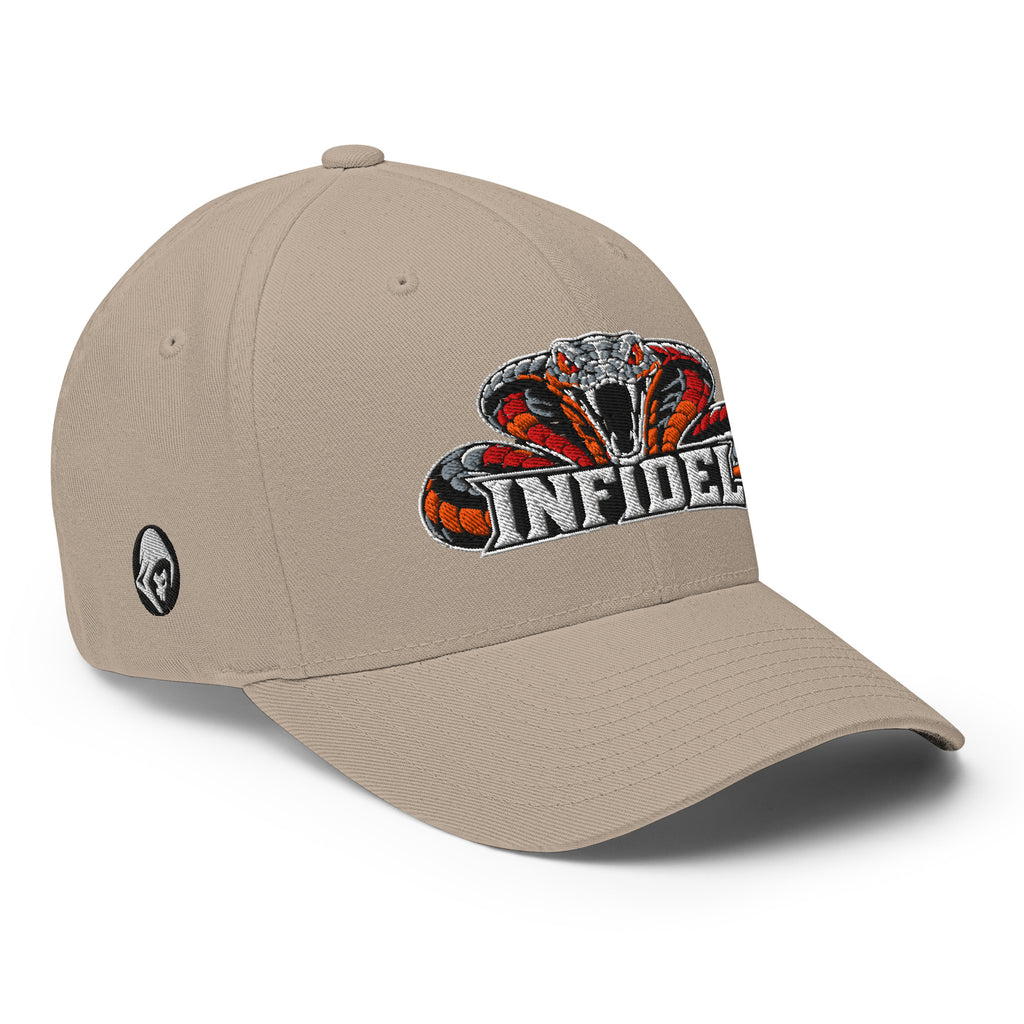 Right-front view of khaki Infidel Cobra King Flexfit hat