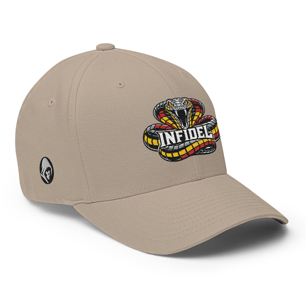 Right-front view of khaki Infidel Coiled Cobra Flexfit hat
