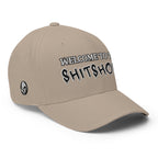 Right-front view of khaki Welcome to the Shitshow Flexfit hat