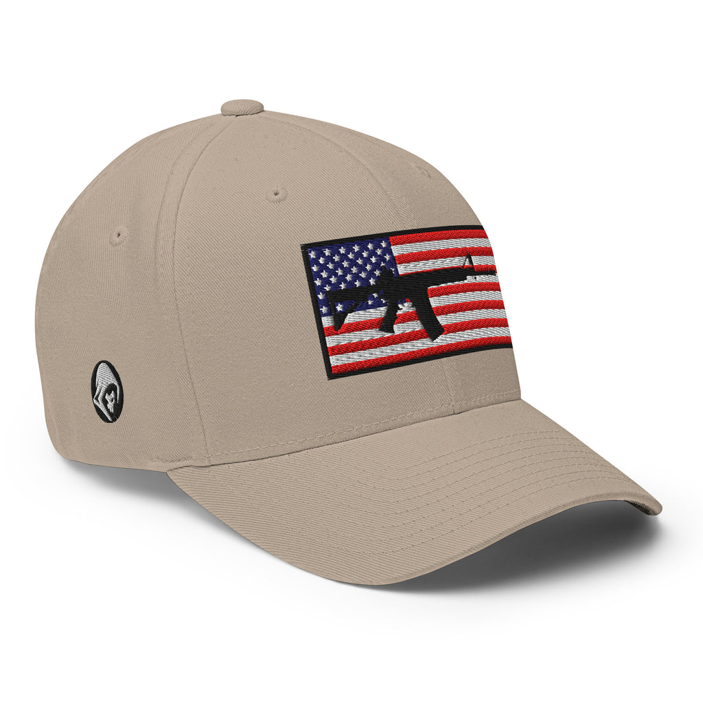 Right-front view of khaki AR-15 Old Glory Flexfit hat