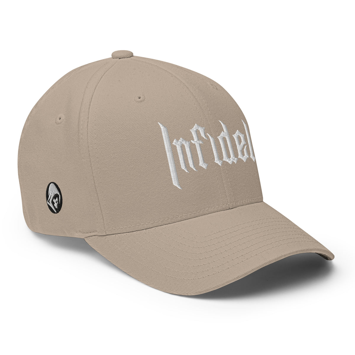 Right-front view of khaki OG Infidel Flexfit hat