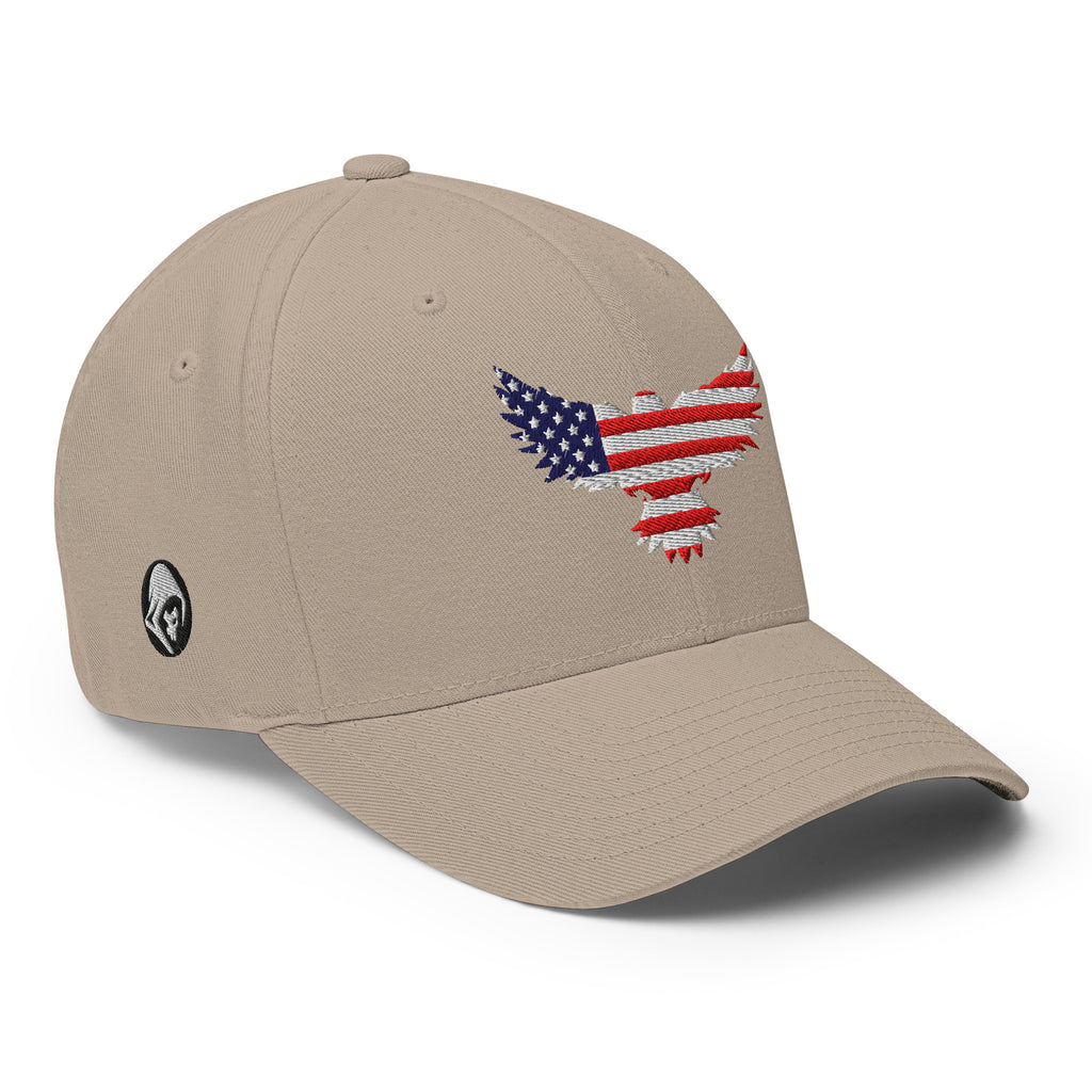Right-front view of khaki Old Glory Eagle Flexfit hat
