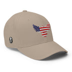 Right-front view of khaki Old Glory Eagle Flexfit hat