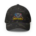 Front view of multicam black Infidel USA Flag Cobra Flexfit hat