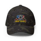 Front view of multicam black Infidel USA Flag Cobra Flexfit hat