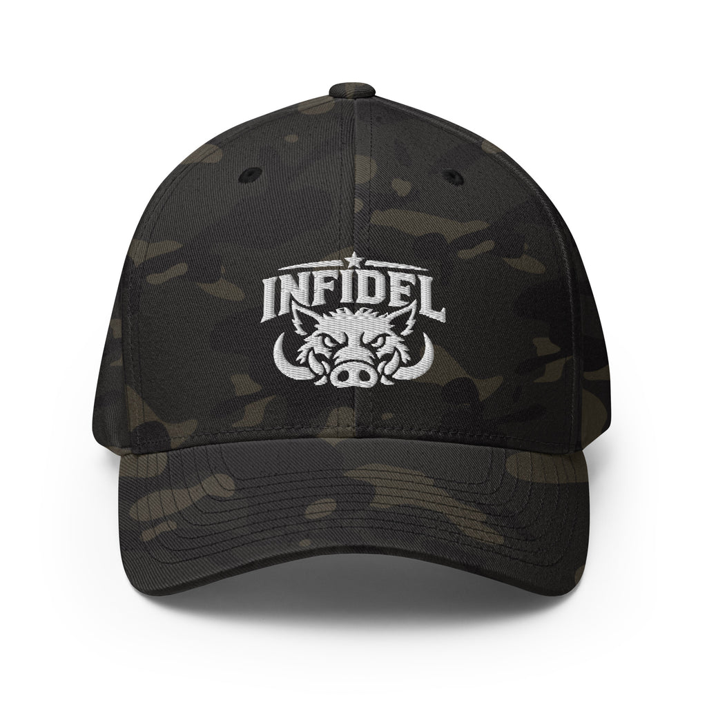 Front view of multicam black Infidel War Pig Flexfit hat