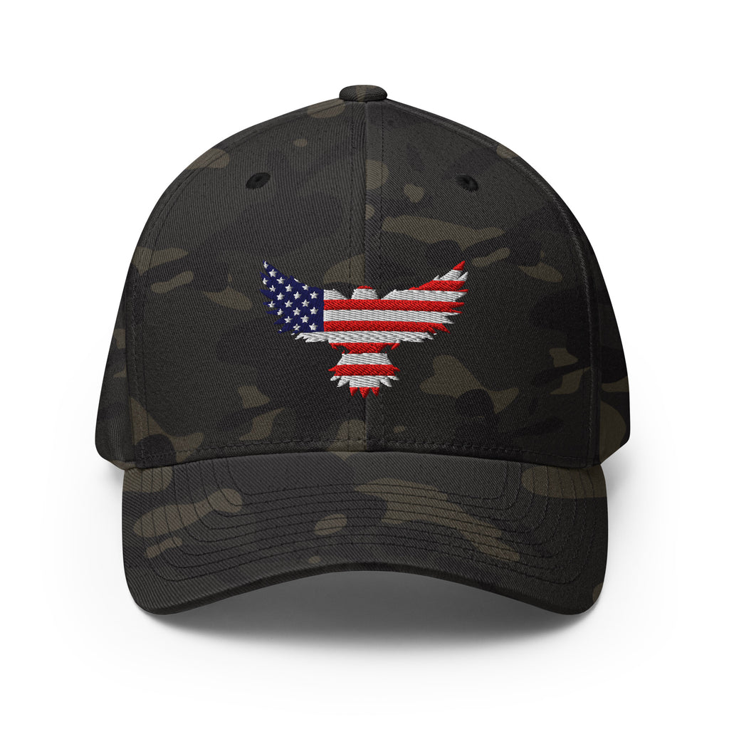 Front view of multicam black Old Glory Eagle Flexfit hat
