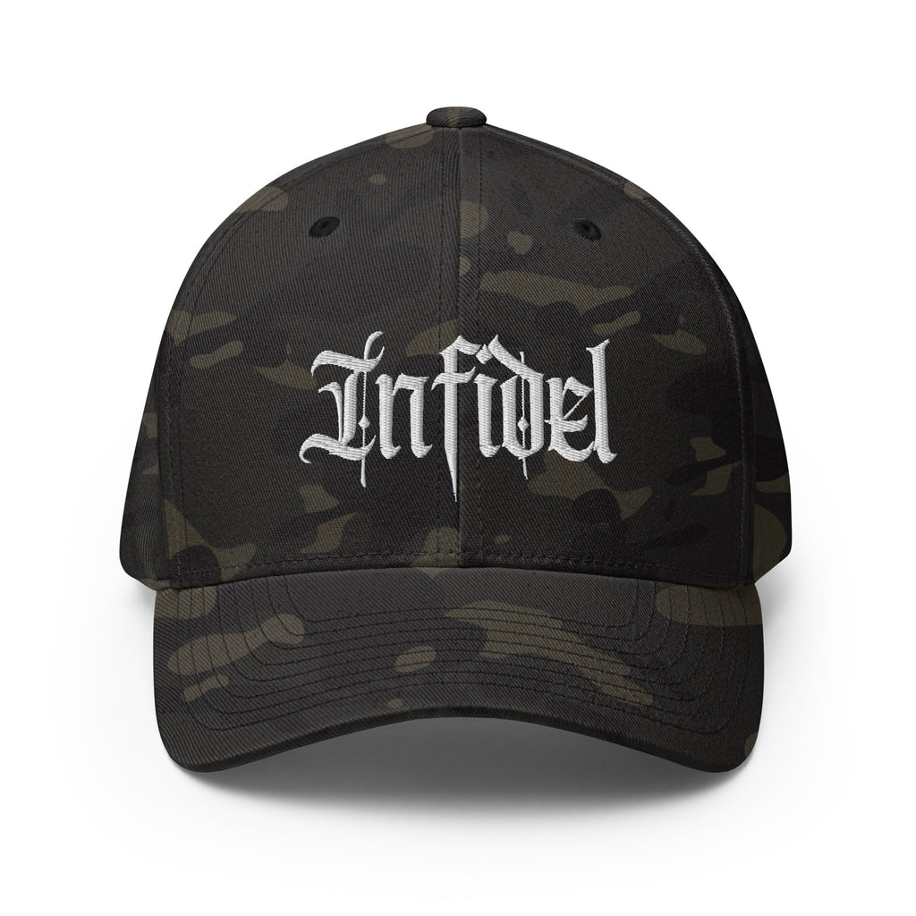 Front view of multicam black Infidel Script Flexfit hat