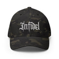 Front view of multicam black Infidel Script Flexfit hat