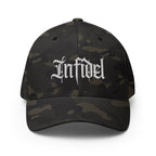 Front view of multicam black Infidel Script Flexfit hat