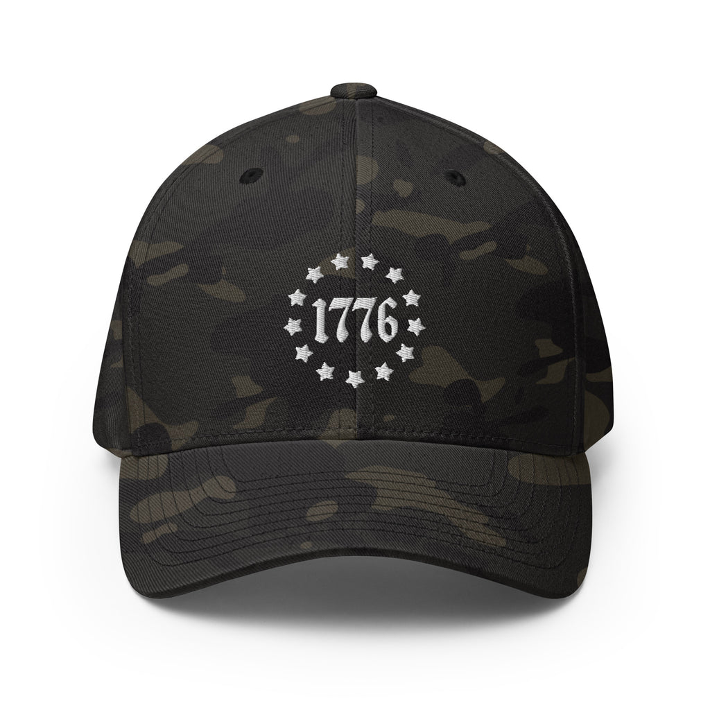 Front view of multicam black 1776 Betsy Ross Stars Flexfit hat