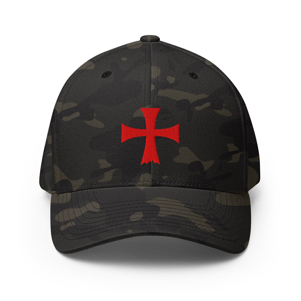 Front view of multicam black Flexfit Crimson Iron Cross hat