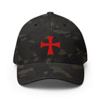 Front view of multicam black Flexfit Crimson Iron Cross hat