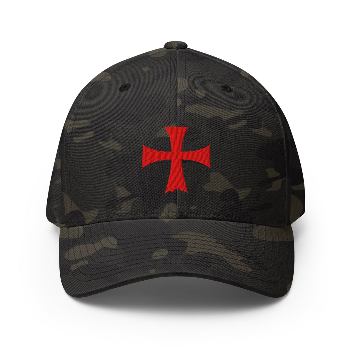 Front view of multicam black Flexfit Crimson Iron Cross hat