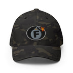 Multicam Black structured Flexfit cap with embroidered F-Bomb front design, front view
