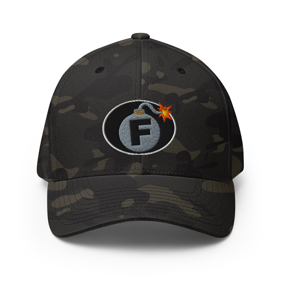 Multicam Black structured Flexfit cap with embroidered F-Bomb front design, front view
