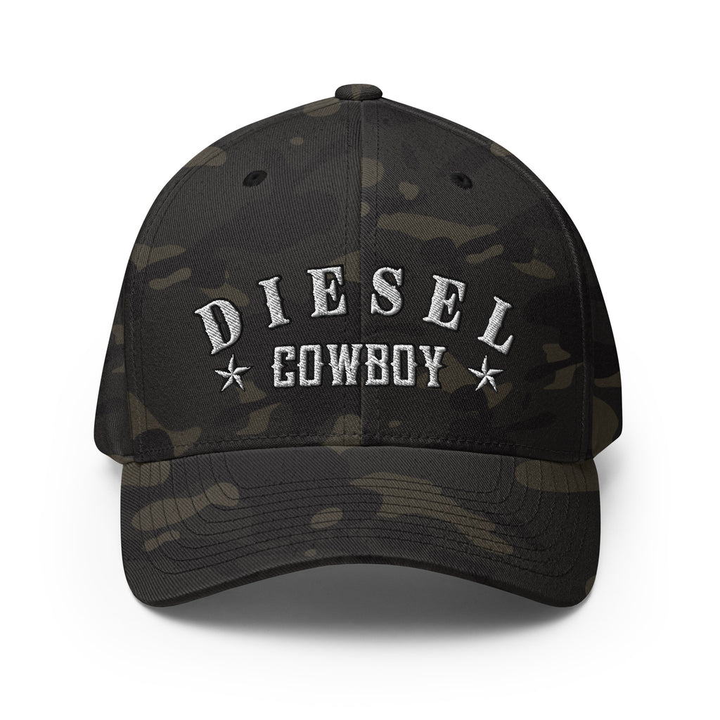 Multicam Black structured Flexfit cap with embroidered Diesel Cowboy front design, front view