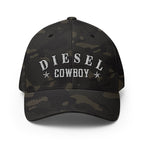 Multicam Black structured Flexfit cap with embroidered Diesel Cowboy front design, front view