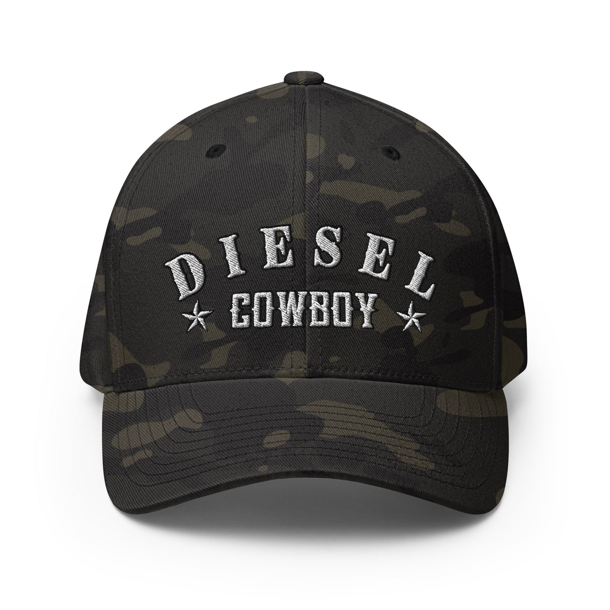Multicam Black structured Flexfit cap with embroidered Diesel Cowboy front design, front view
