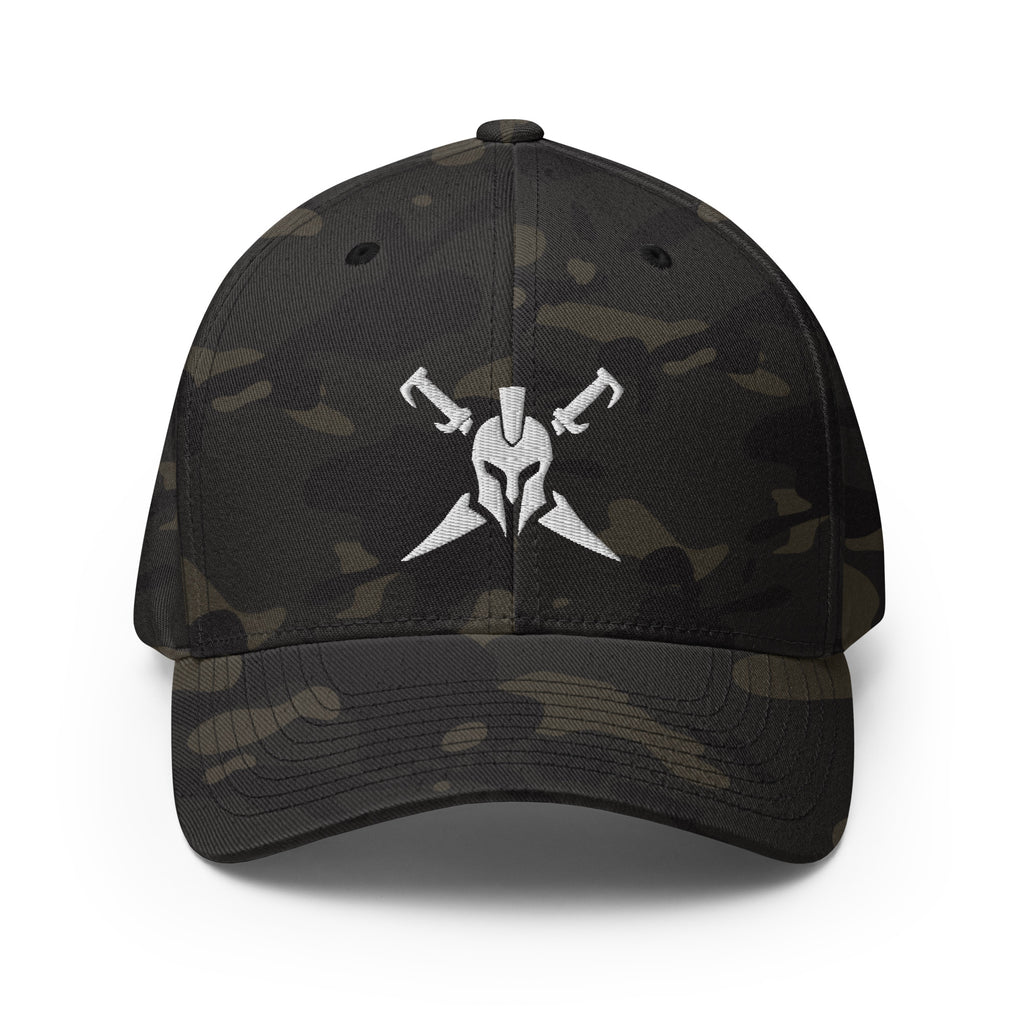 Multicam Black structured Flexfit cap, front view with Call to Arms embroidery