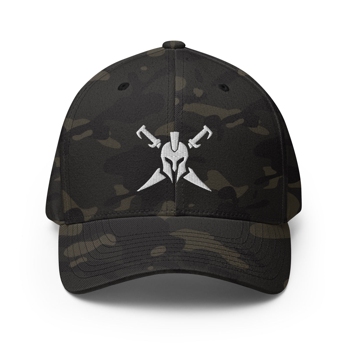 Multicam Black structured Flexfit cap, front view with Call to Arms embroidery
