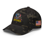 Left-front view of multicam black Infidel USA Flag Cobra Flexfit hat