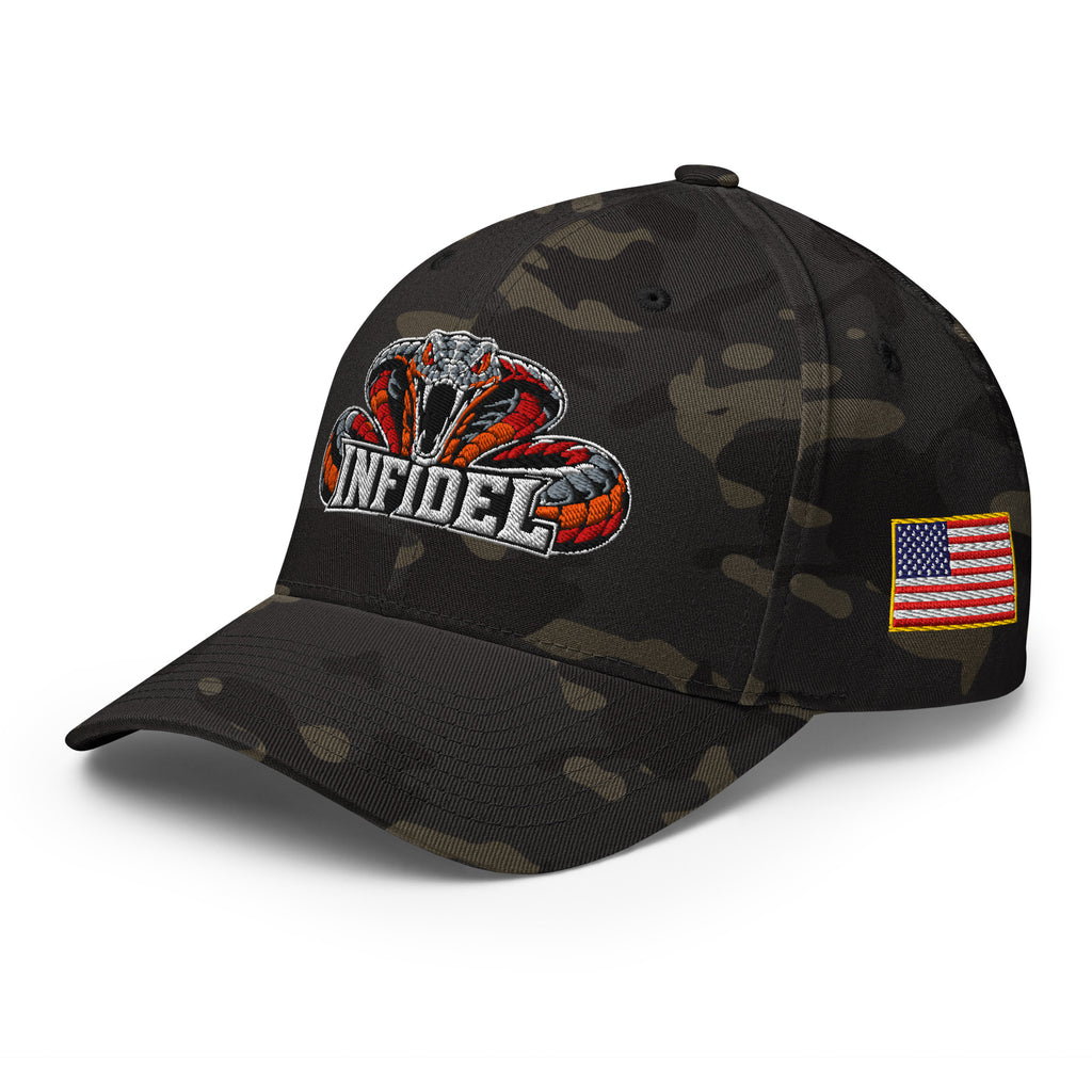 Left-front view of multicam black Infidel Cobra King Flexfit hat