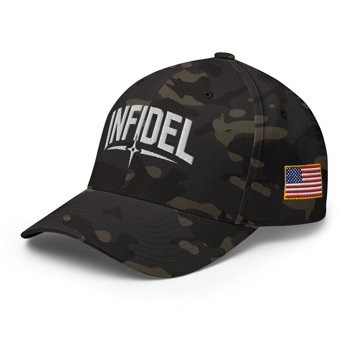 Left-front view of multicam black Infidel Spike Flexfit hat