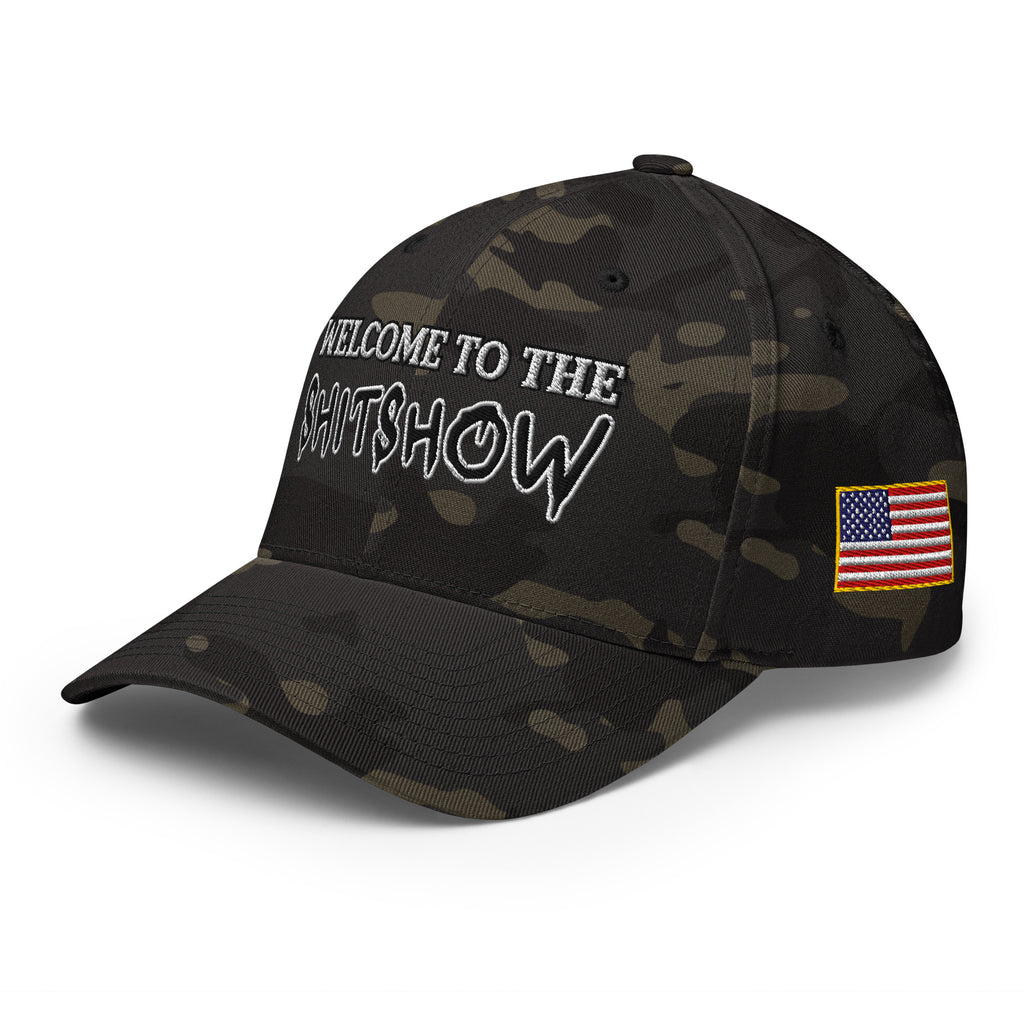 Left-front view of multicam black Welcome to the Shitshow Flexfit hat