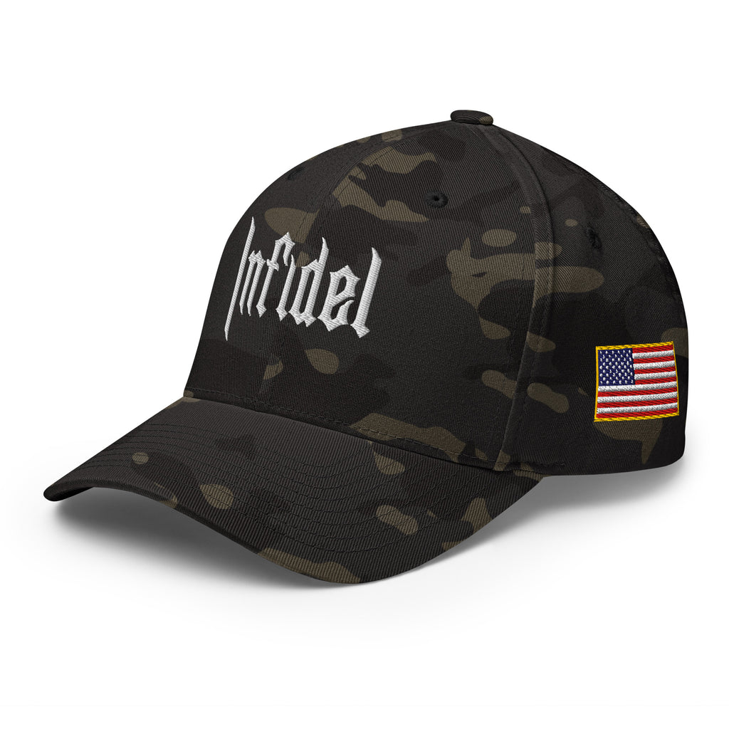 Left-front view of multicam black OG Infidel Flexfit hat