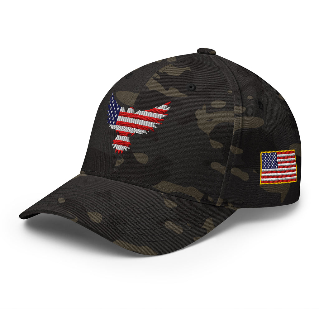 Left-front view of multicam black Old Glory Eagle Flexfit hat