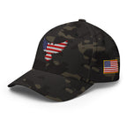 Left-front view of multicam black Old Glory Eagle Flexfit hat