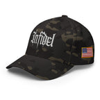 Left-front view of multicam black Infidel Script Flexfit hat