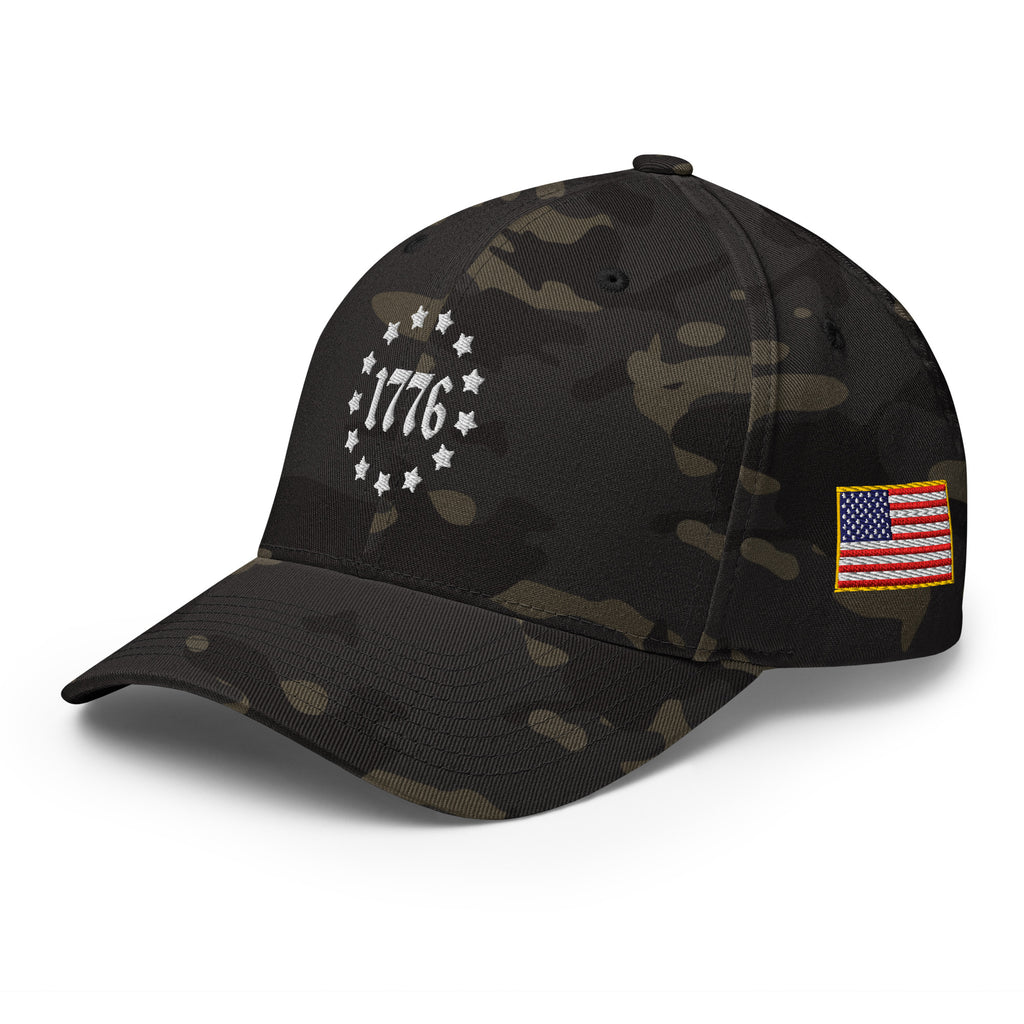 Left-front view of multicam black 1776 Betsy Ross Stars Flexfit hat